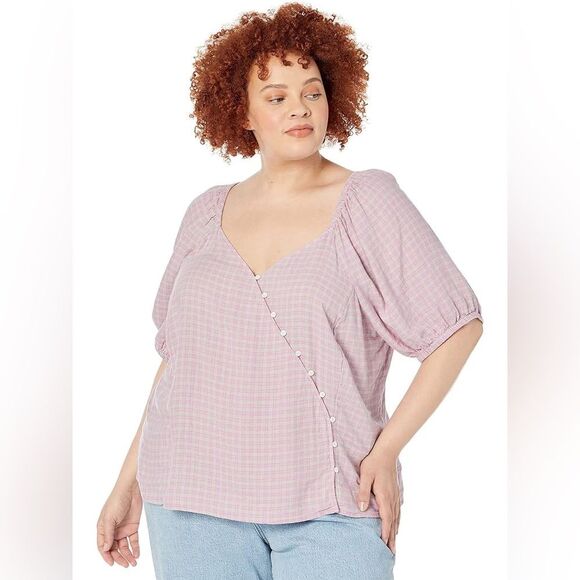 Madewell Linen-Blend Puff-Sleeve Button-Wrap Top in Plaid Lavender 3x - Picture 13 of 13